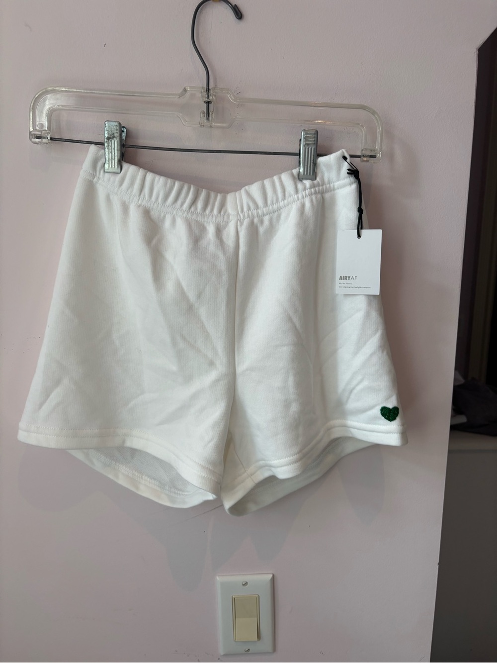 TNA White Knit Athletic Shorts with Green Heart Accent